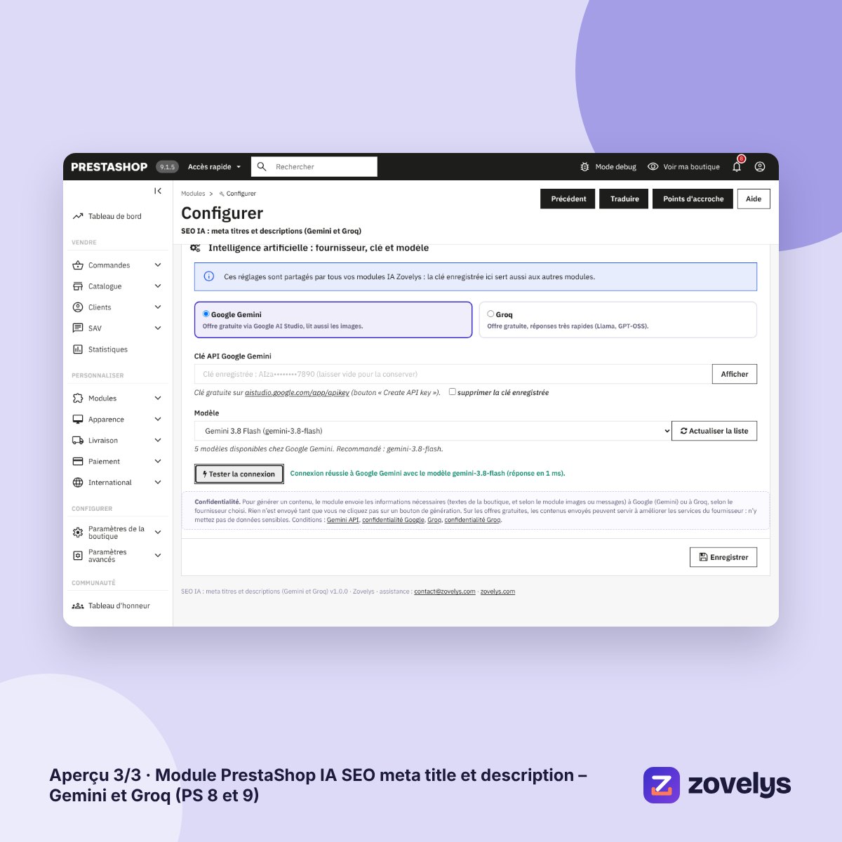 Module PrestaShop IA SEO meta title et description – Gemini et Groq (PS 8 et 9) – aperçu 3