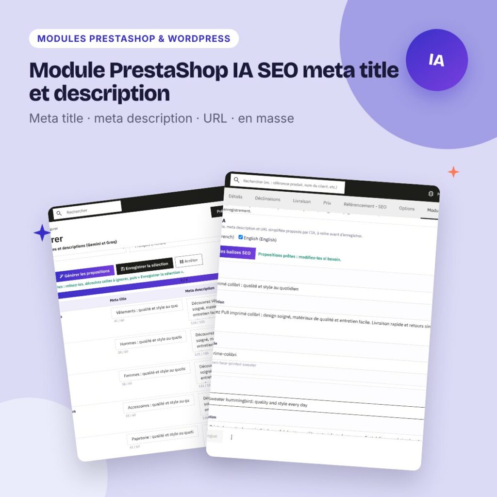 Module PrestaShop IA SEO meta title et description – Gemini et Groq (PS 8 et 9)