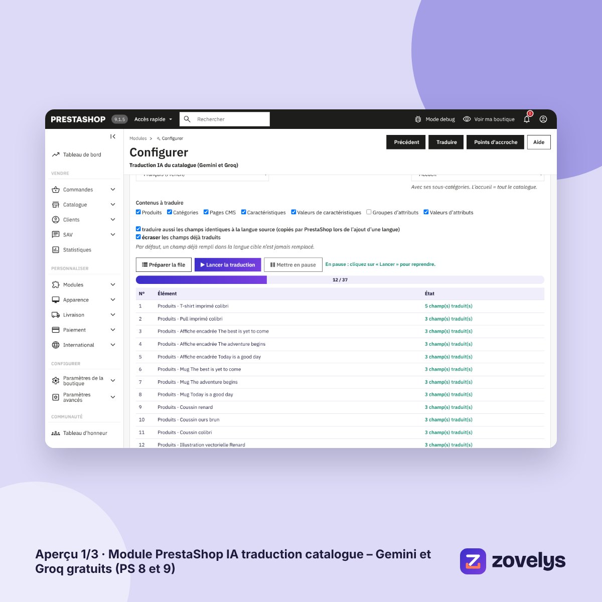 Module PrestaShop IA traduction catalogue – Gemini et Groq gratuits (PS 8 et 9) – aperçu 1
