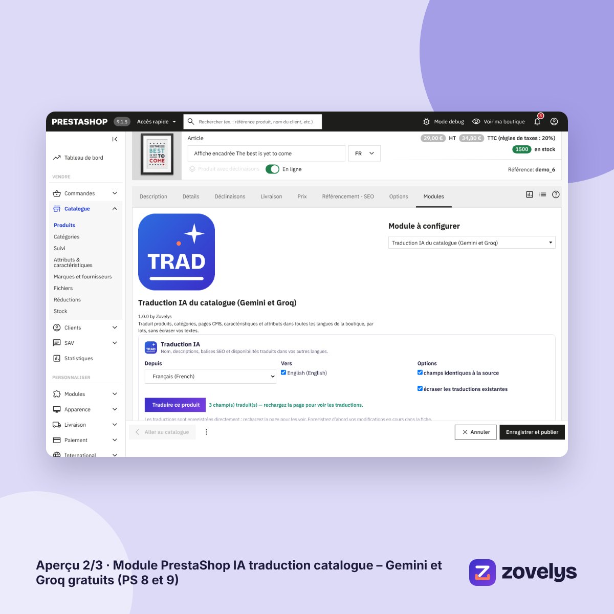 Module PrestaShop IA traduction catalogue – Gemini et Groq gratuits (PS 8 et 9) – aperçu 2