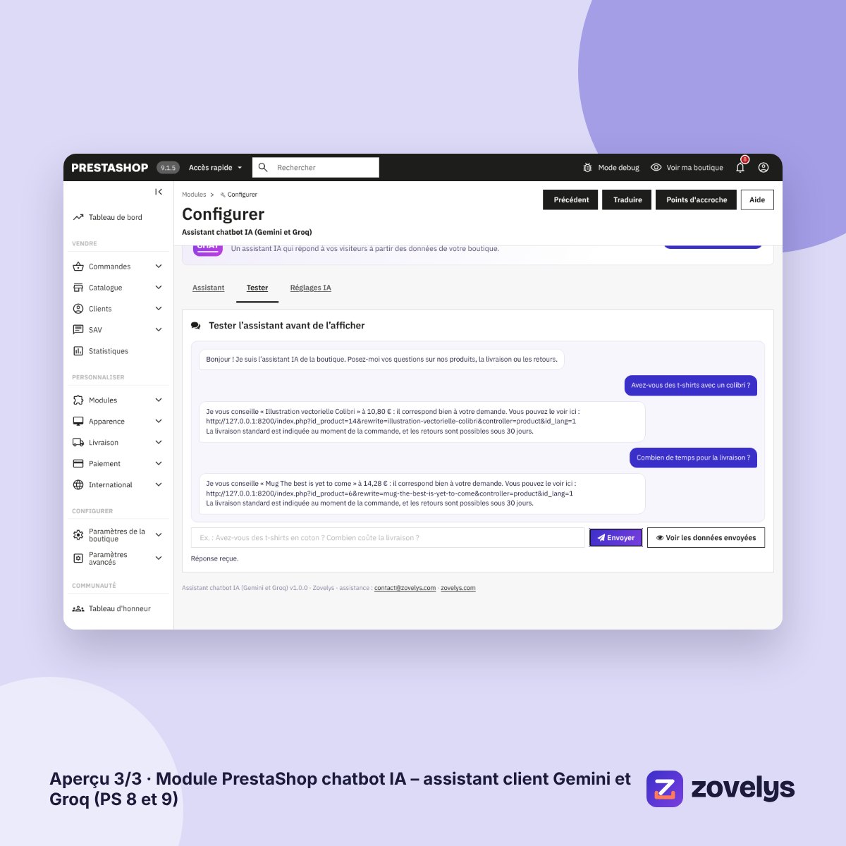 Module PrestaShop chatbot IA – assistant client Gemini et Groq (PS 8 et 9) – aperçu 3