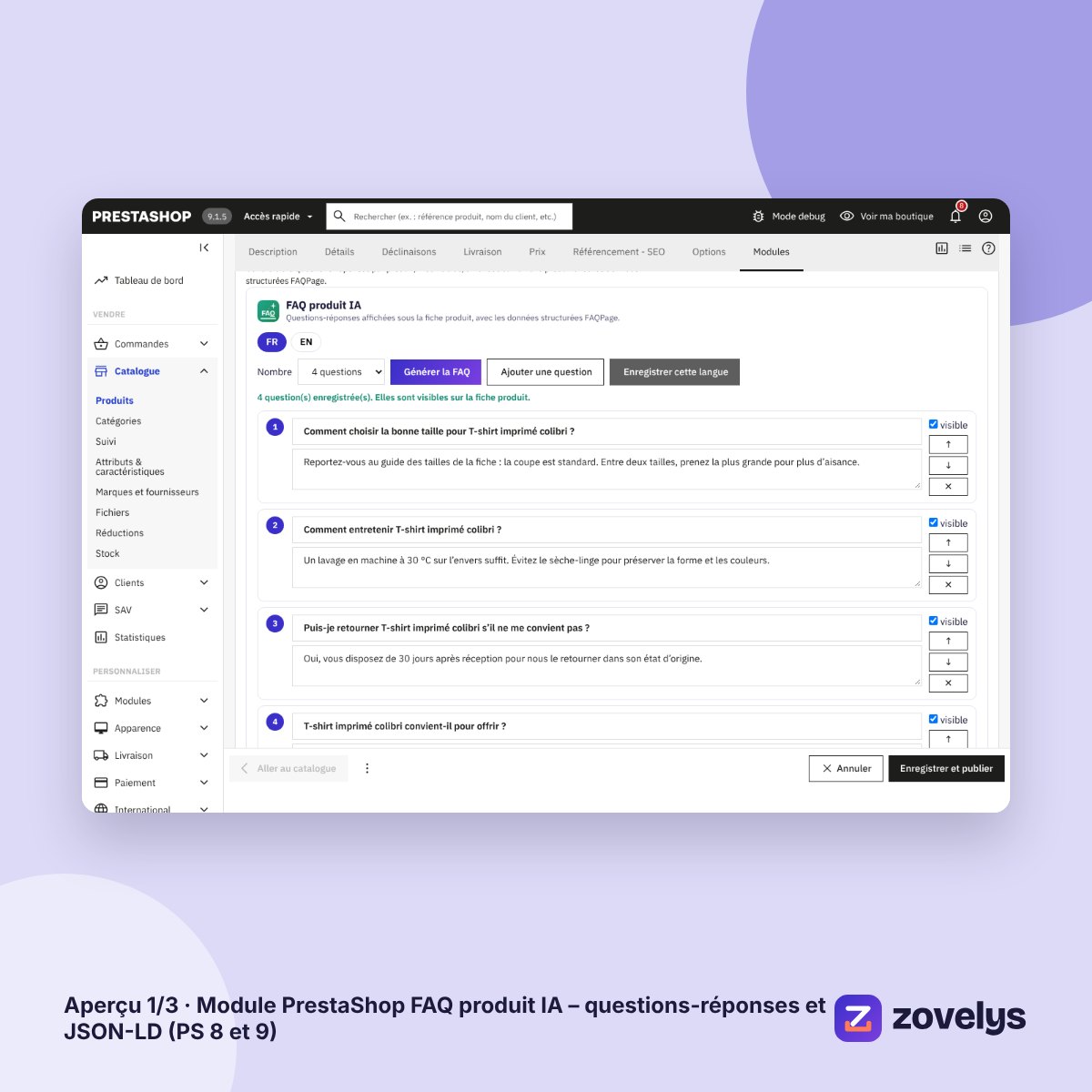 Module PrestaShop FAQ produit IA – questions-réponses et JSON-LD (PS 8 et 9) – aperçu 1