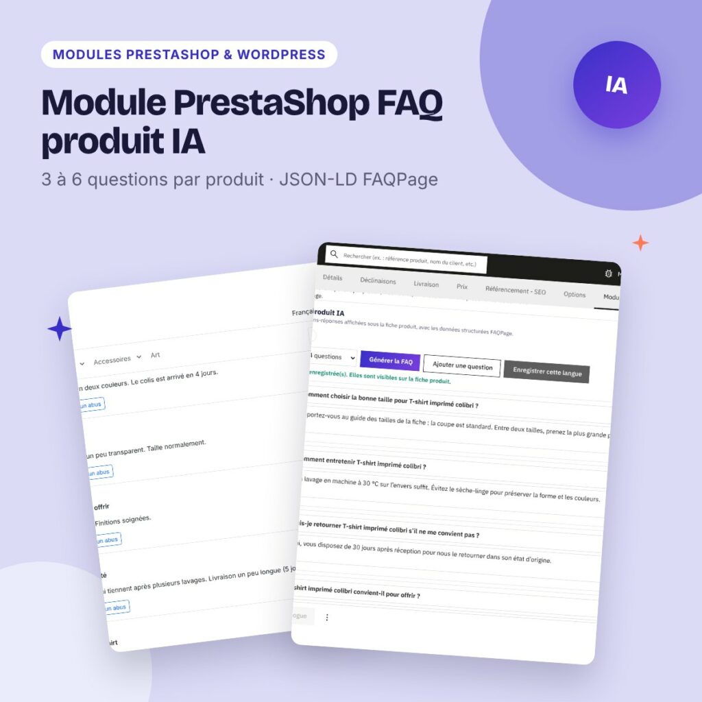 Module PrestaShop FAQ produit IA – questions-réponses et JSON-LD (PS 8 et 9)