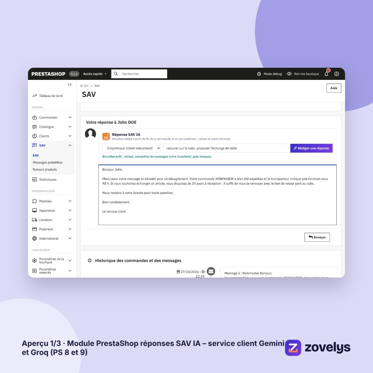 Module PrestaShop réponses SAV IA – service client Gemini et Groq (PS 8 et 9) – aperçu 1