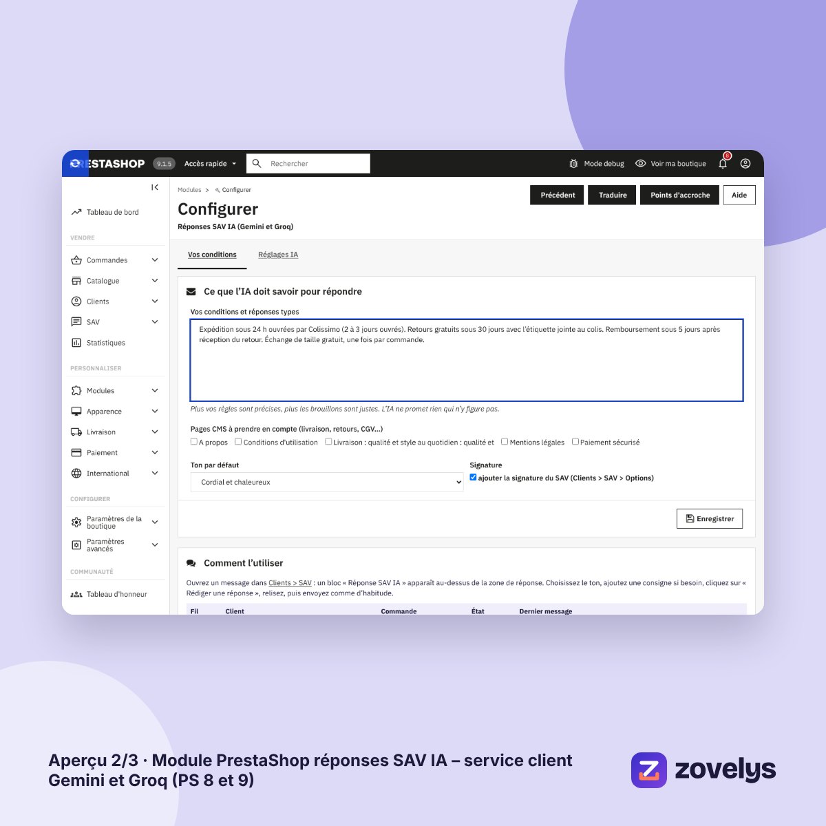 Module PrestaShop réponses SAV IA – service client Gemini et Groq (PS 8 et 9) – aperçu 2