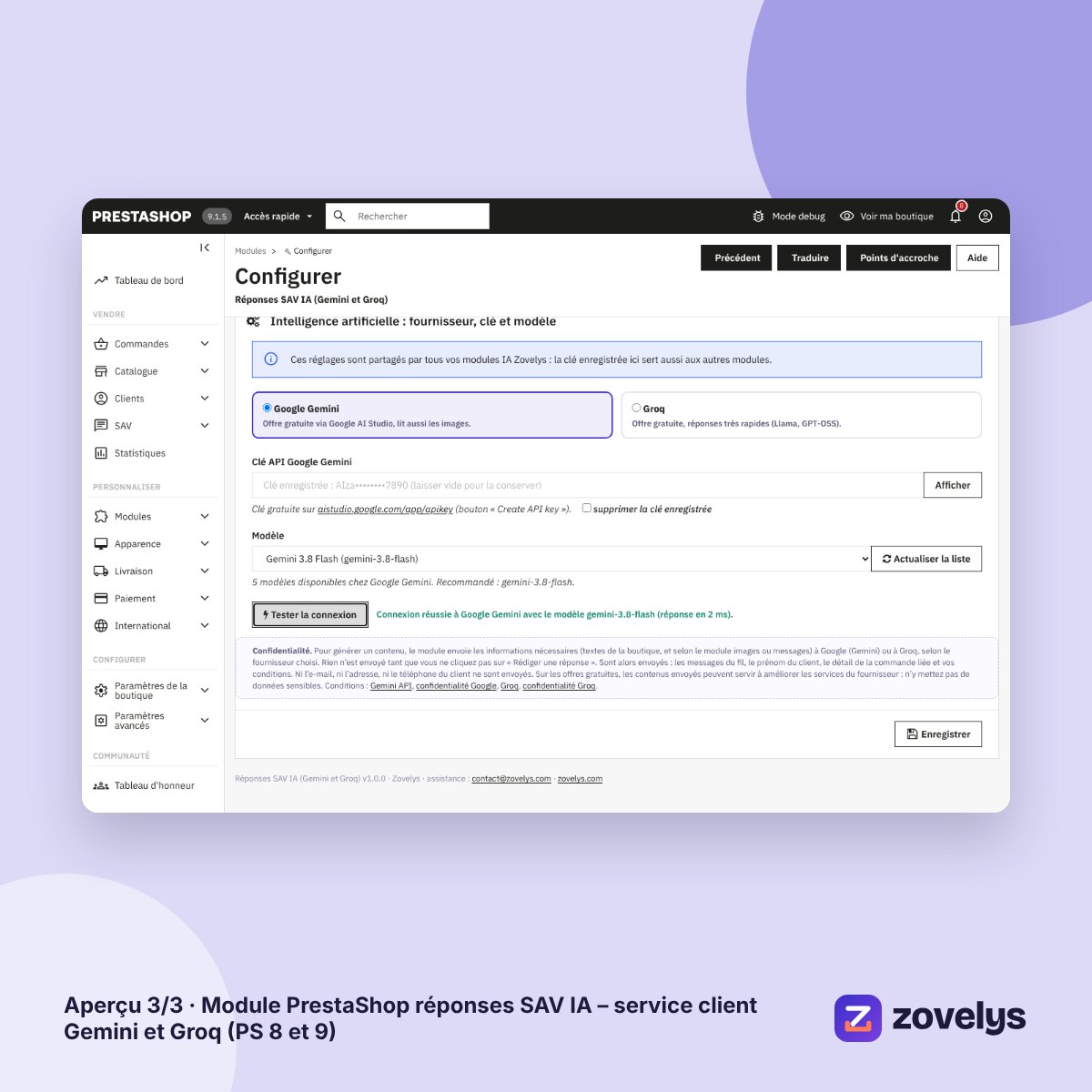 Module PrestaShop réponses SAV IA – service client Gemini et Groq (PS 8 et 9) – aperçu 3