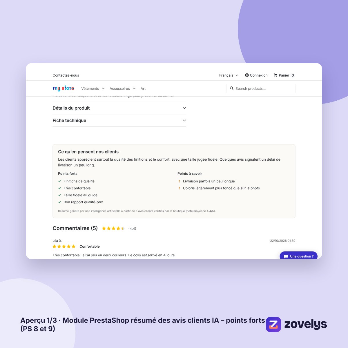 Module PrestaShop résumé des avis clients IA – points forts (PS 8 et 9) – aperçu 1
