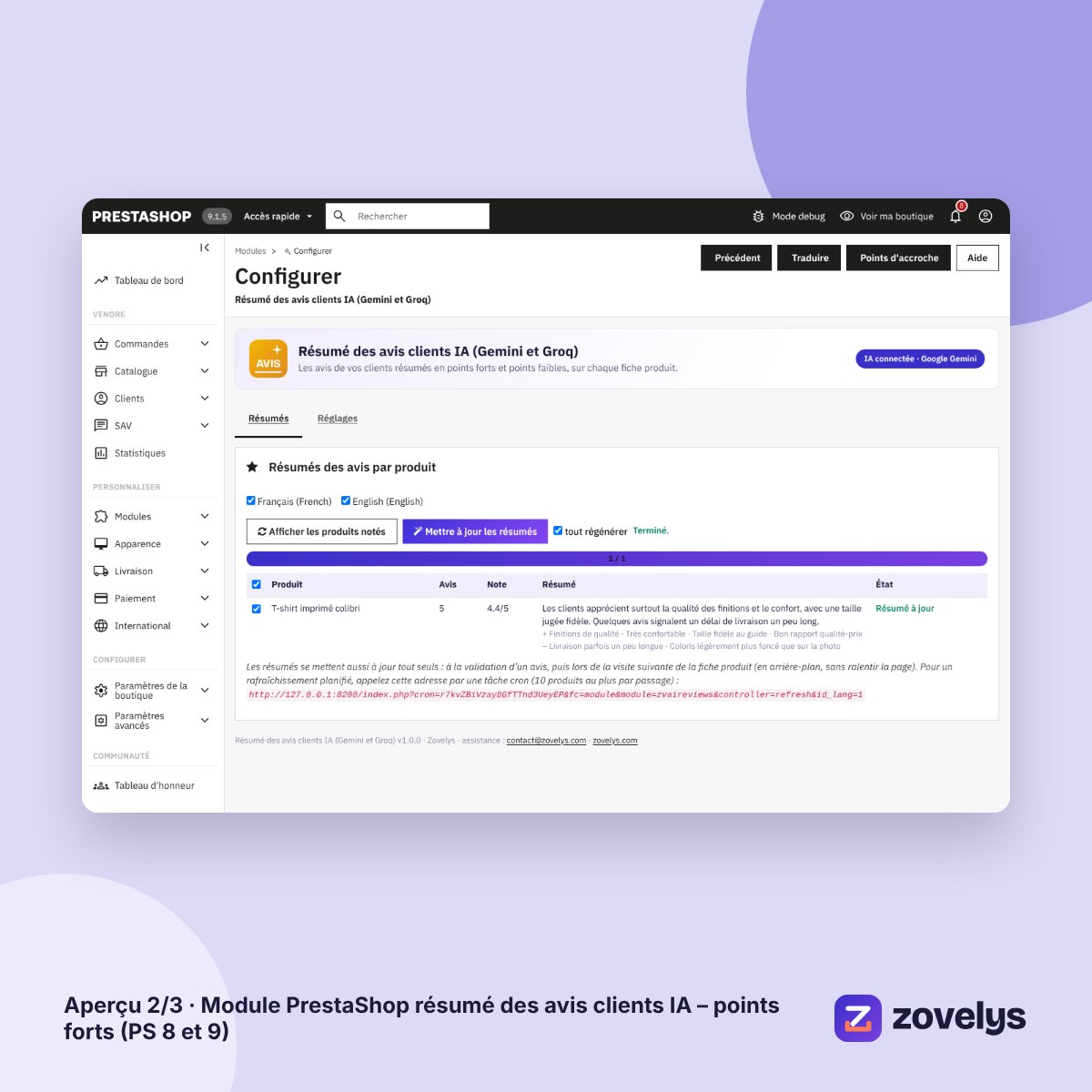 Module PrestaShop résumé des avis clients IA – points forts (PS 8 et 9) – aperçu 2