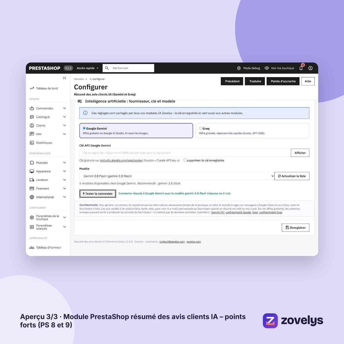 Module PrestaShop résumé des avis clients IA – points forts (PS 8 et 9) – aperçu 3