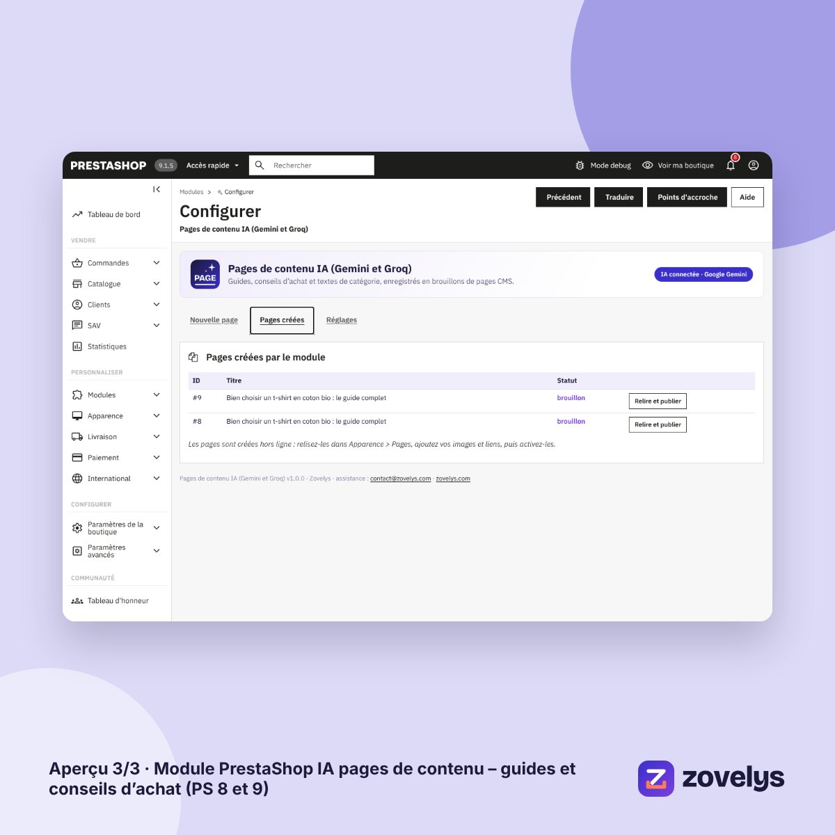 Module PrestaShop IA pages de contenu – guides et conseils d’achat (PS 8 et 9) – aperçu 3