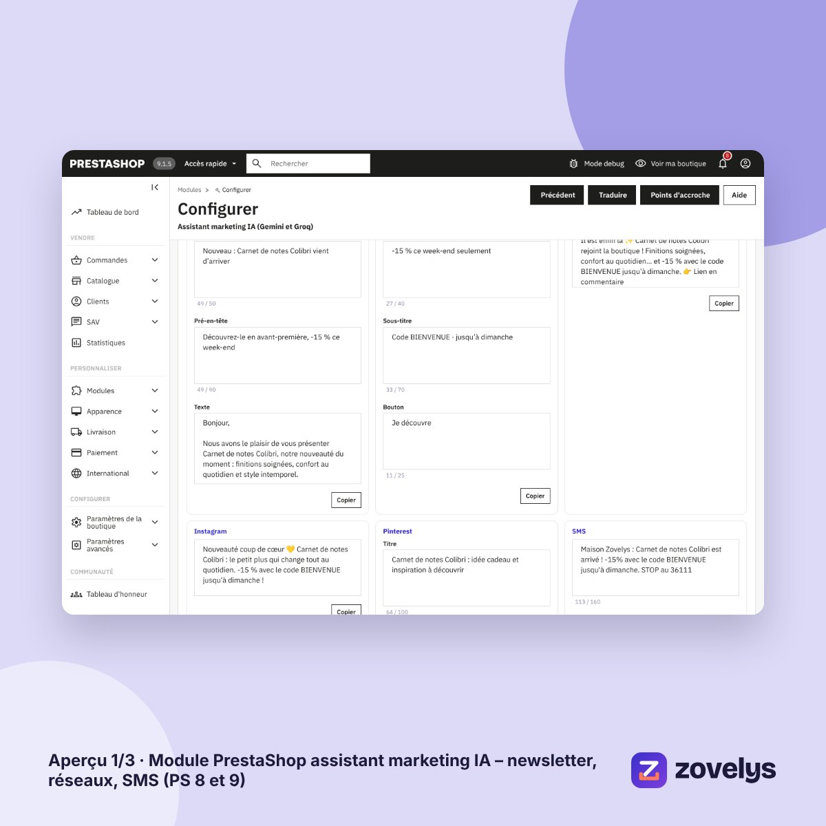 Module PrestaShop assistant marketing IA – newsletter, réseaux, SMS (PS 8 et 9) – aperçu 1