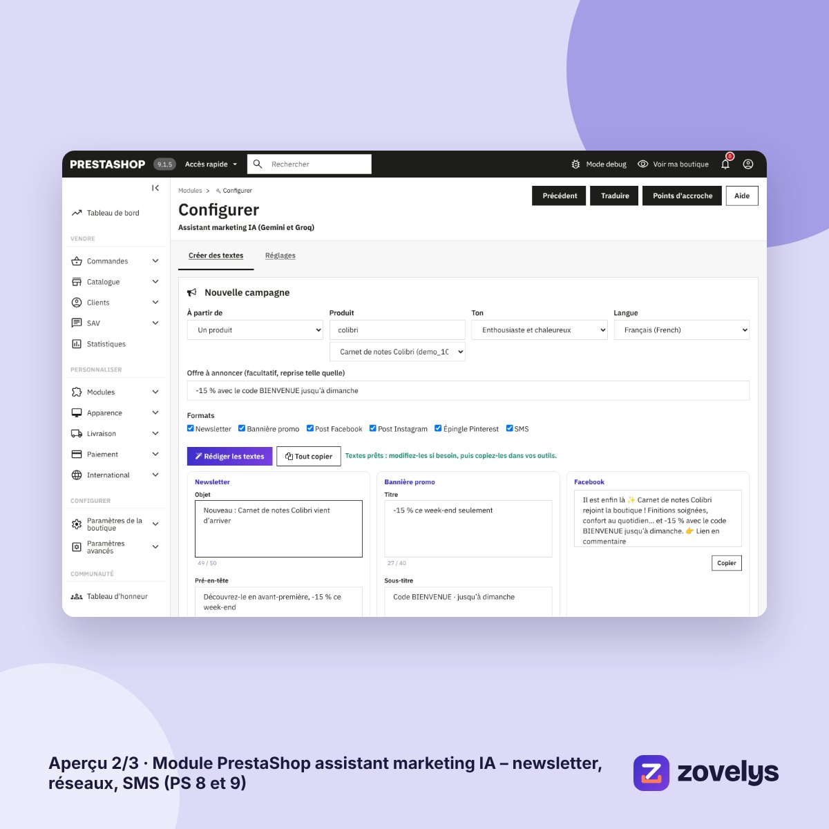 Module PrestaShop assistant marketing IA – newsletter, réseaux, SMS (PS 8 et 9) – aperçu 2