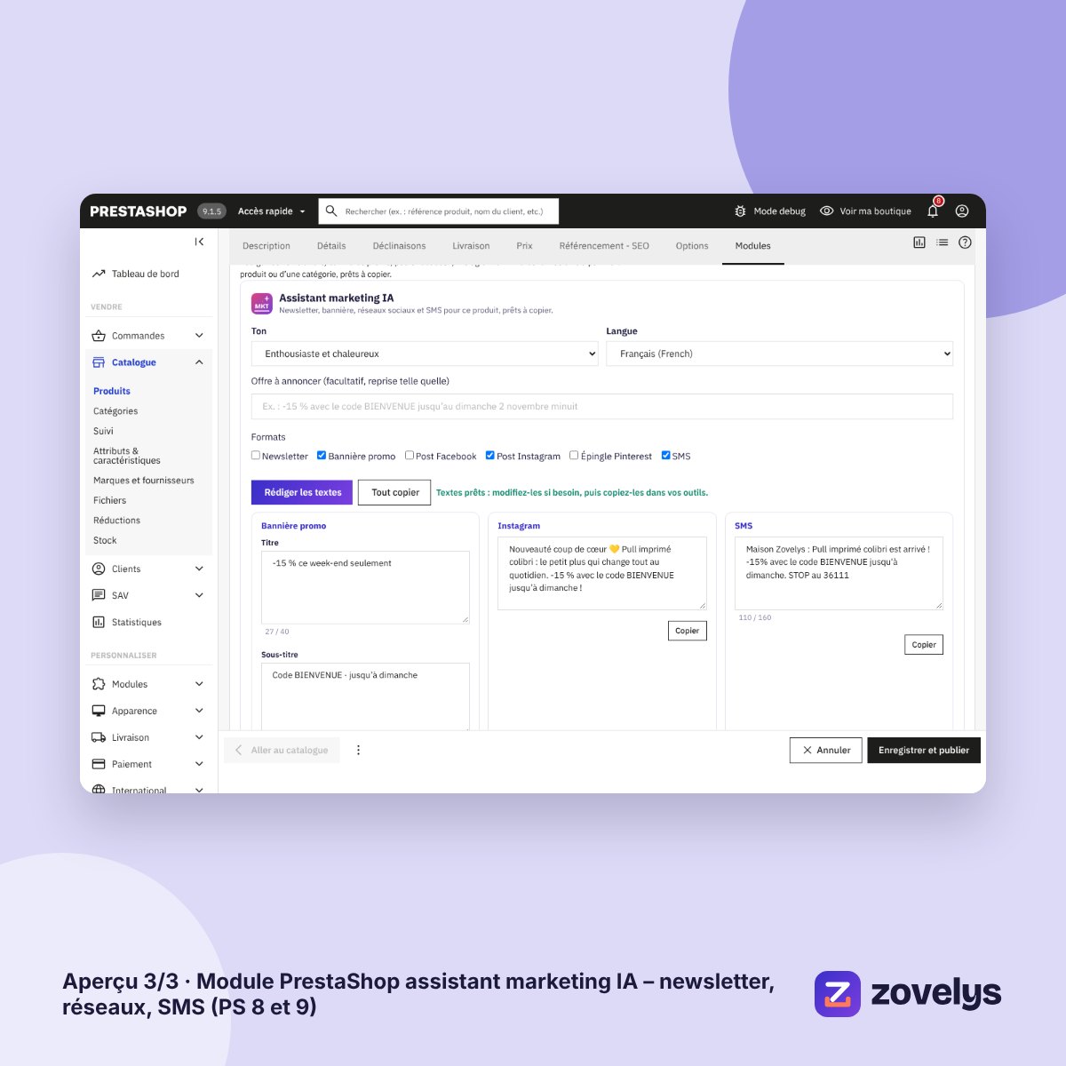 Module PrestaShop assistant marketing IA – newsletter, réseaux, SMS (PS 8 et 9) – aperçu 3