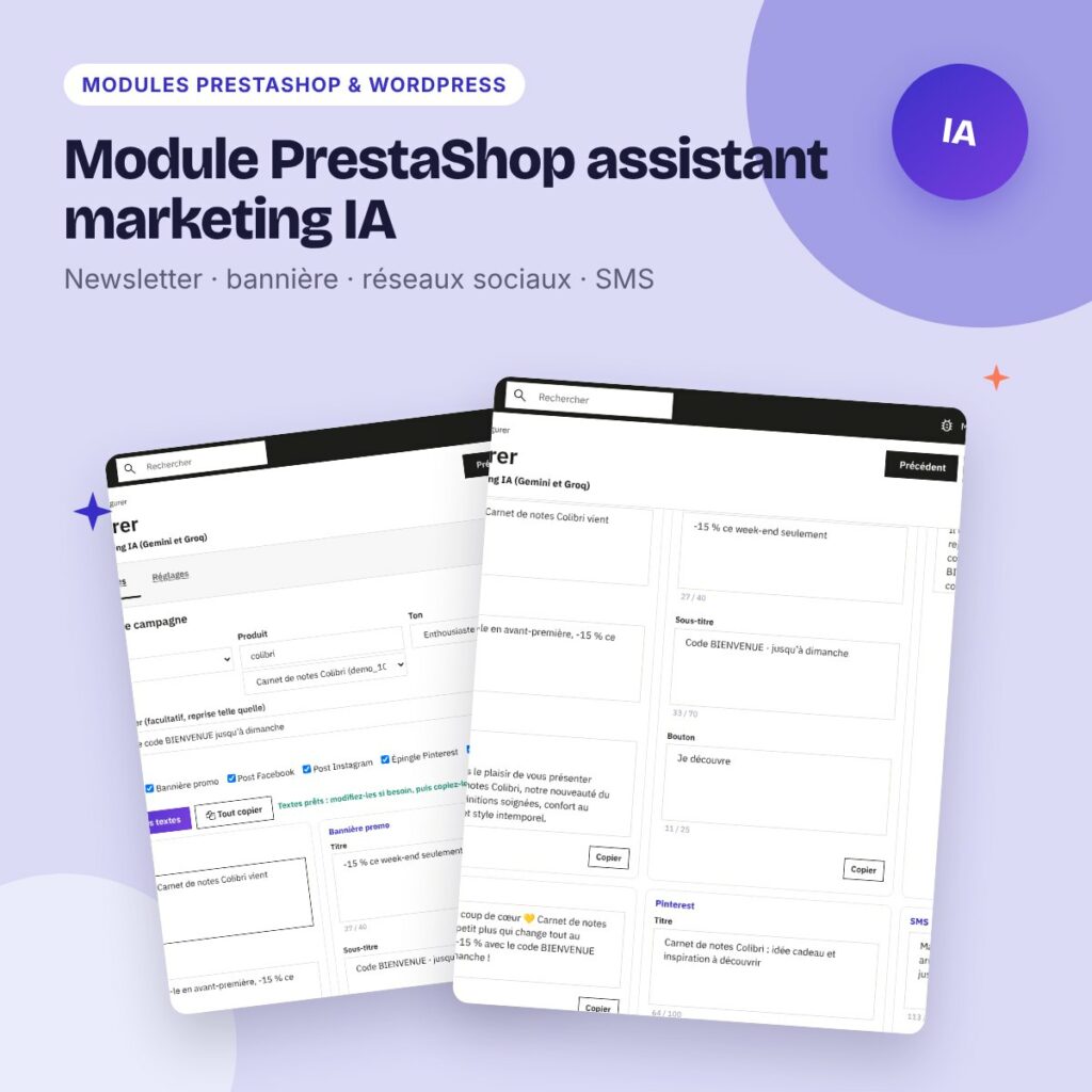 Module PrestaShop assistant marketing IA – newsletter, réseaux, SMS (PS 8 et 9)