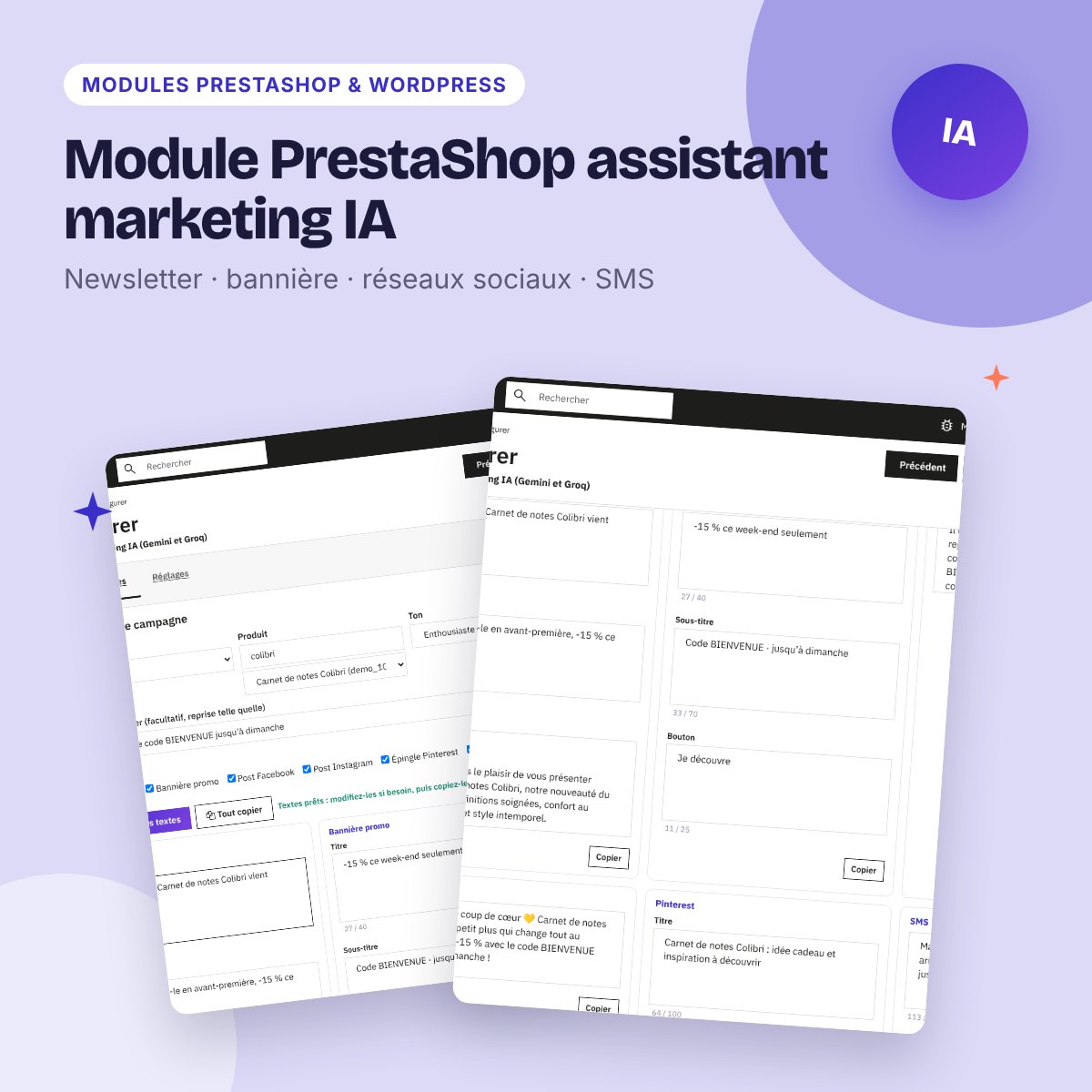 Module PrestaShop assistant marketing IA – newsletter, réseaux, SMS (PS 8 et 9)