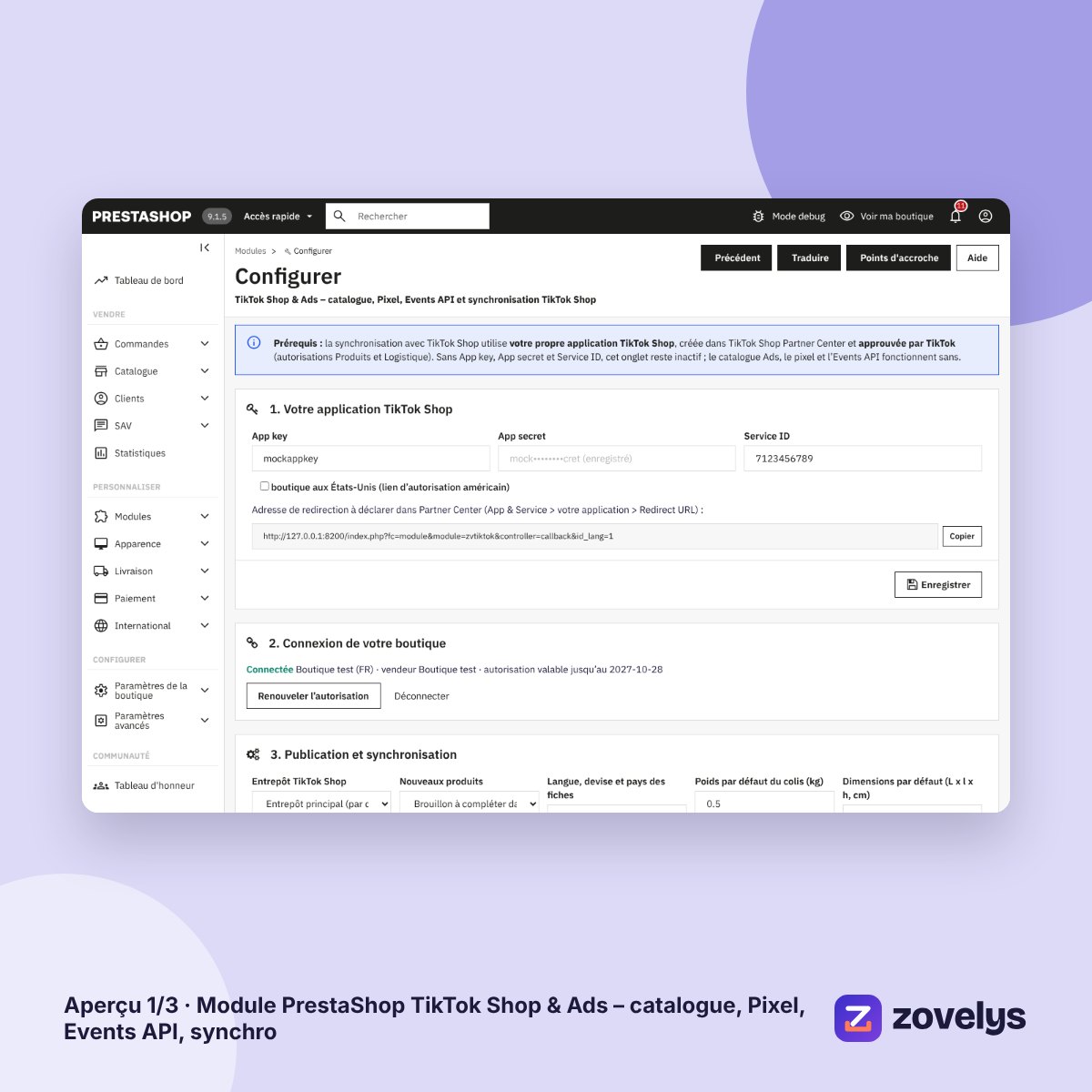 Module PrestaShop TikTok Shop & Ads – catalogue, Pixel, Events API, synchro – aperçu 1