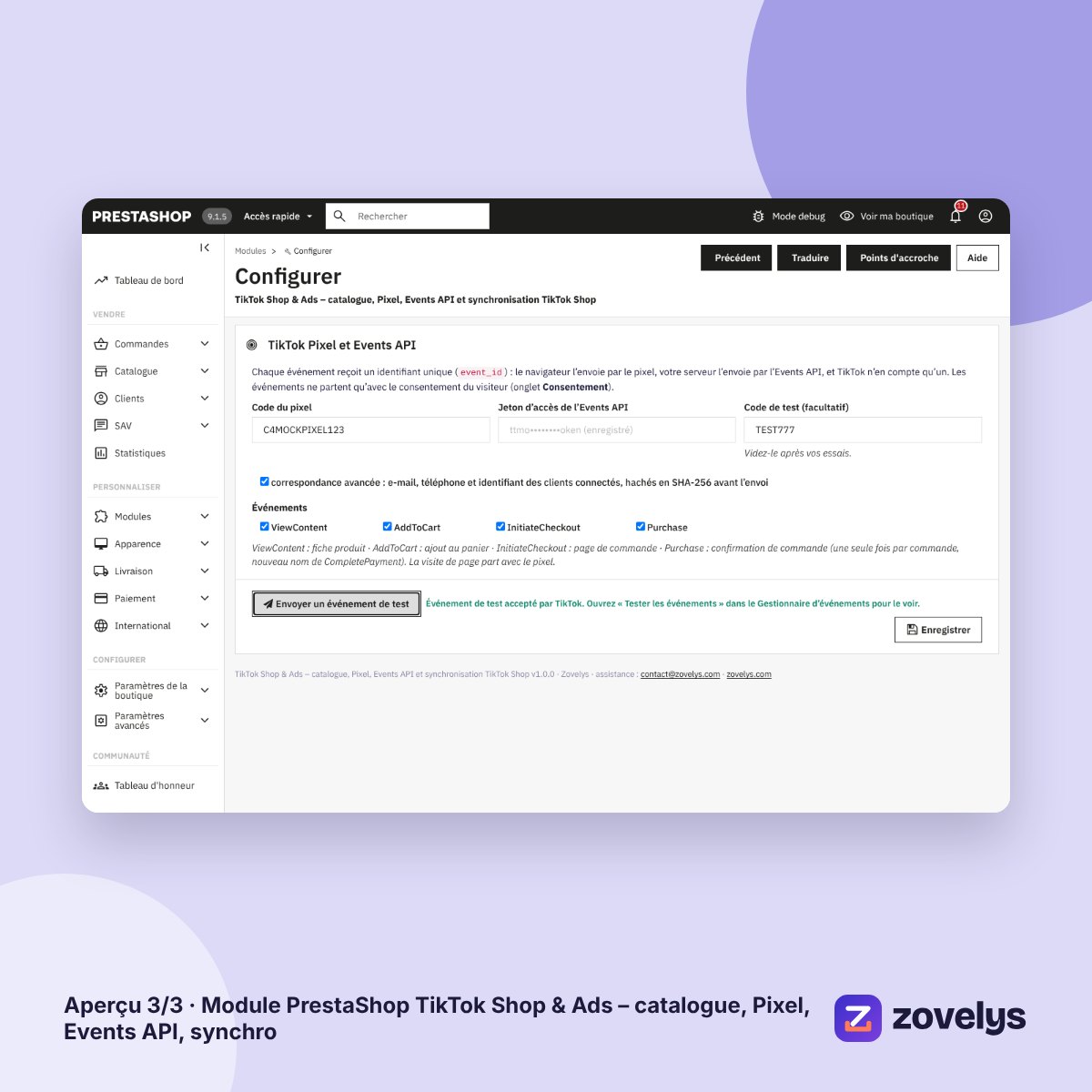 Module PrestaShop TikTok Shop & Ads – catalogue, Pixel, Events API, synchro – aperçu 3