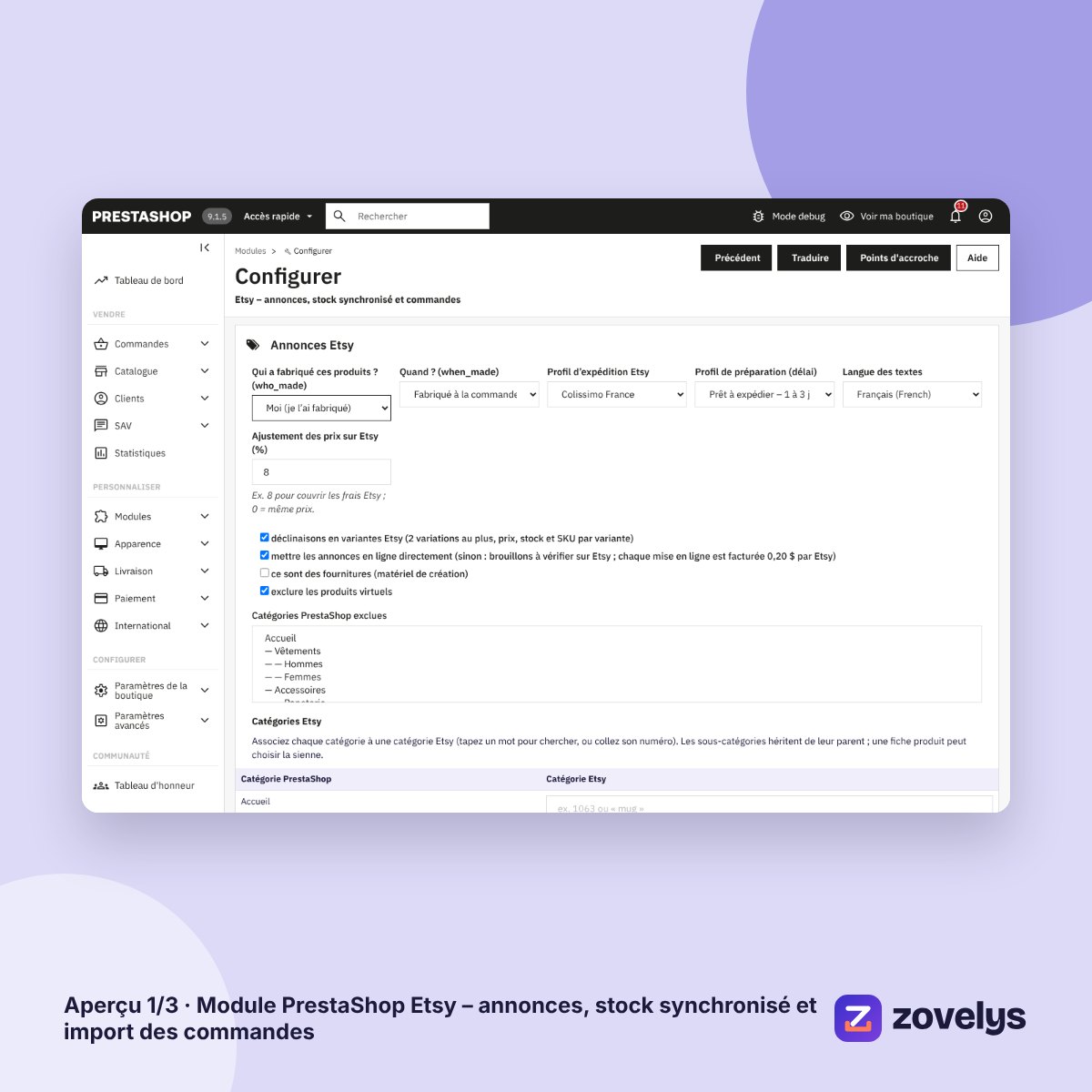 Module PrestaShop Etsy – annonces, stock synchronisé et import des commandes – aperçu 1