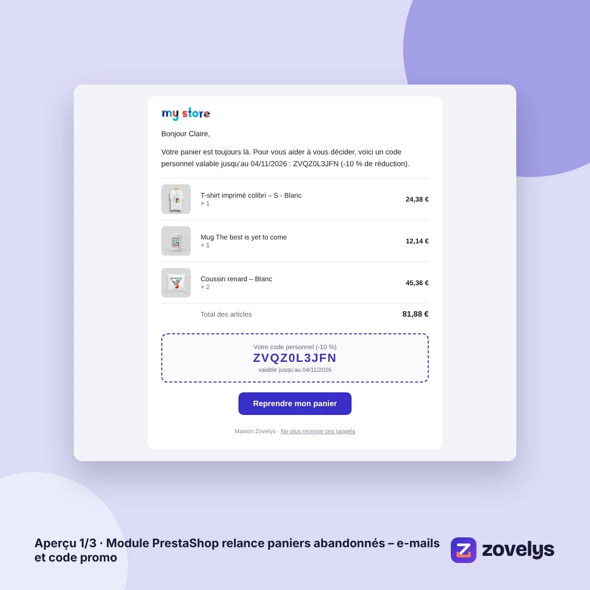 Module PrestaShop relance paniers abandonnés – e-mails et code promo – aperçu 1
