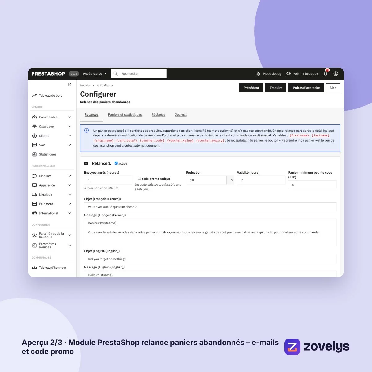 Module PrestaShop relance paniers abandonnés – e-mails et code promo – aperçu 2