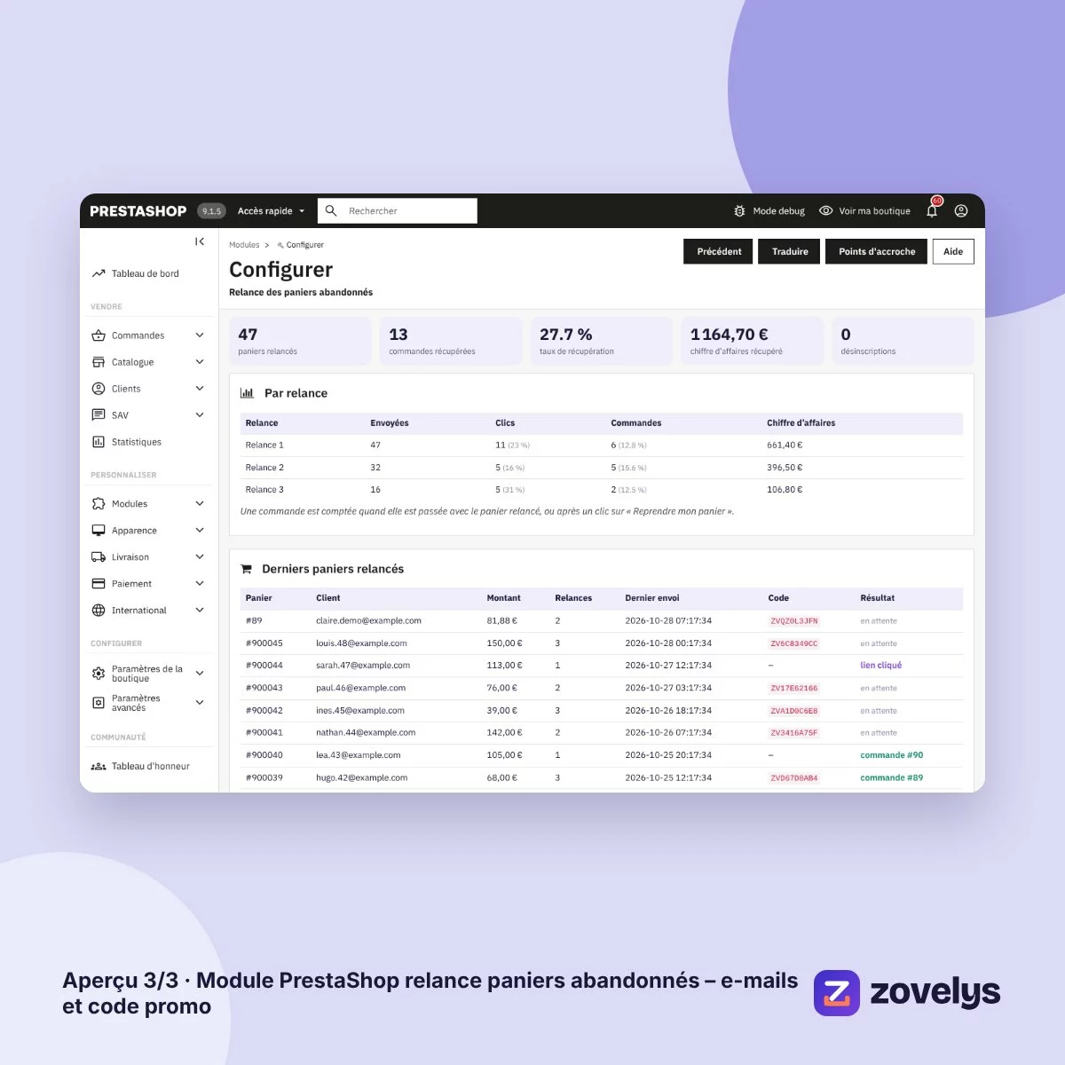 Module PrestaShop relance paniers abandonnés – e-mails et code promo – aperçu 3
