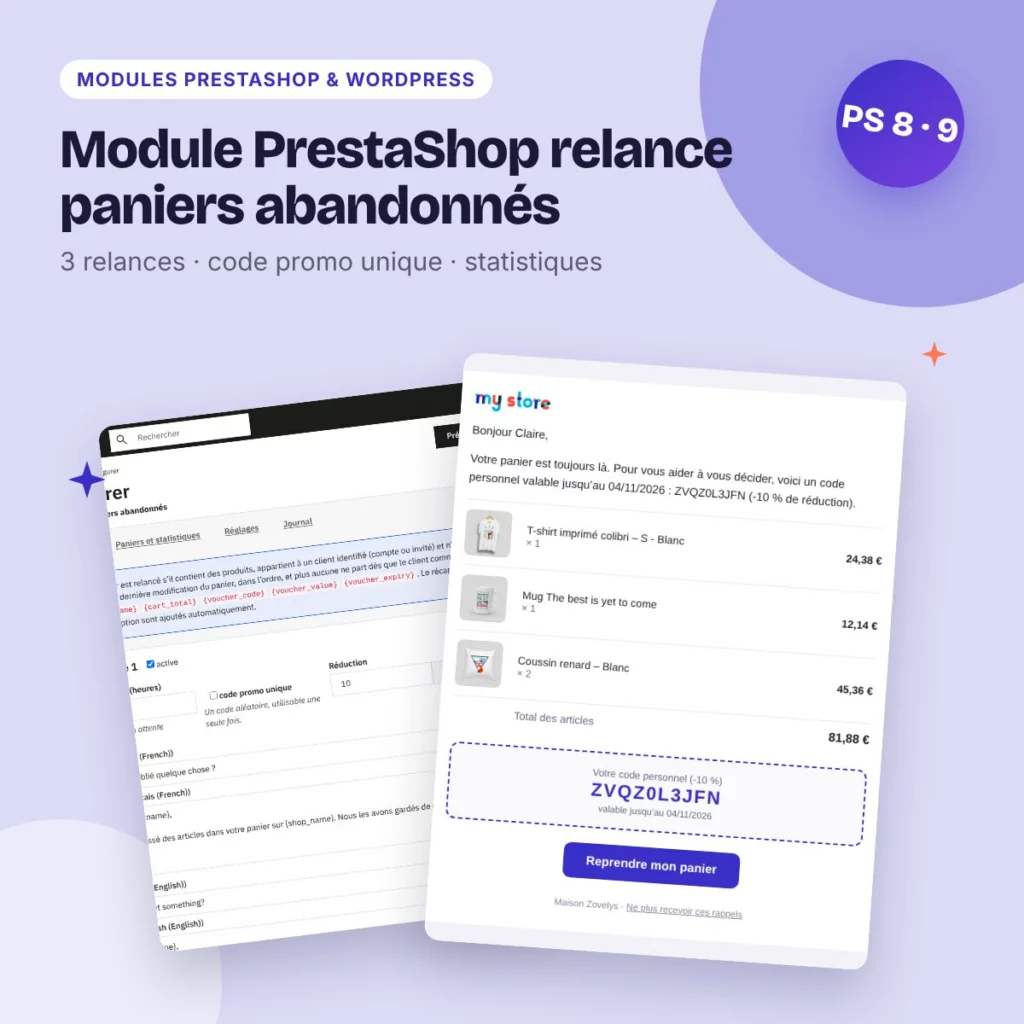 Module PrestaShop relance paniers abandonnés – e-mails et code promo