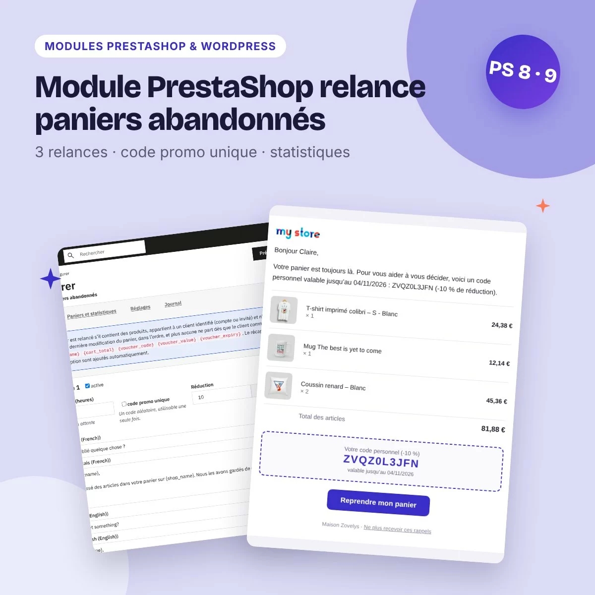 Module PrestaShop relance paniers abandonnés – e-mails et code promo