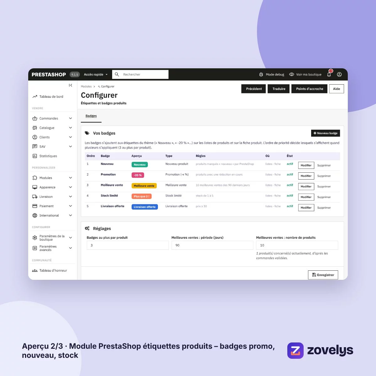 Module PrestaShop étiquettes produits – badges promo, nouveau, stock – aperçu 2