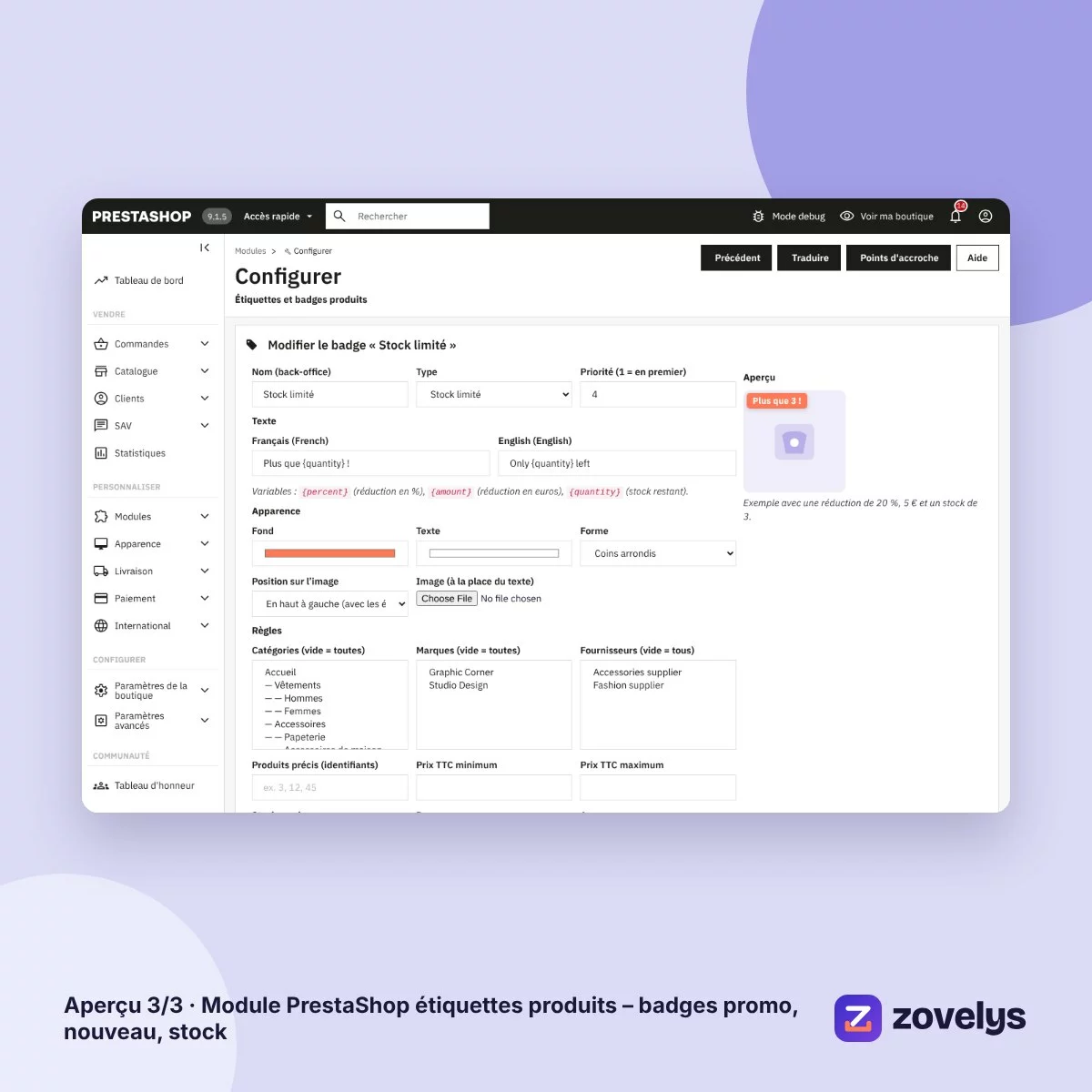Module PrestaShop étiquettes produits – badges promo, nouveau, stock – aperçu 3