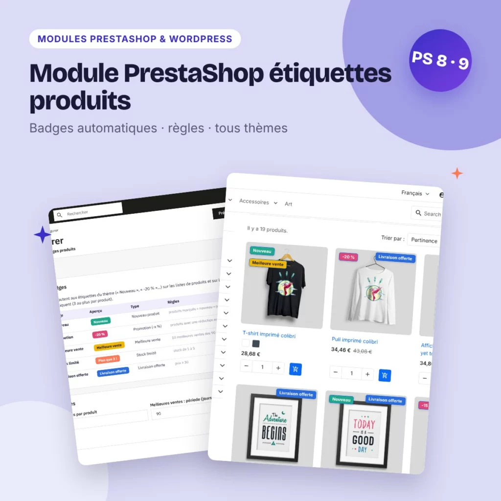 Module PrestaShop étiquettes produits – badges promo, nouveau, stock