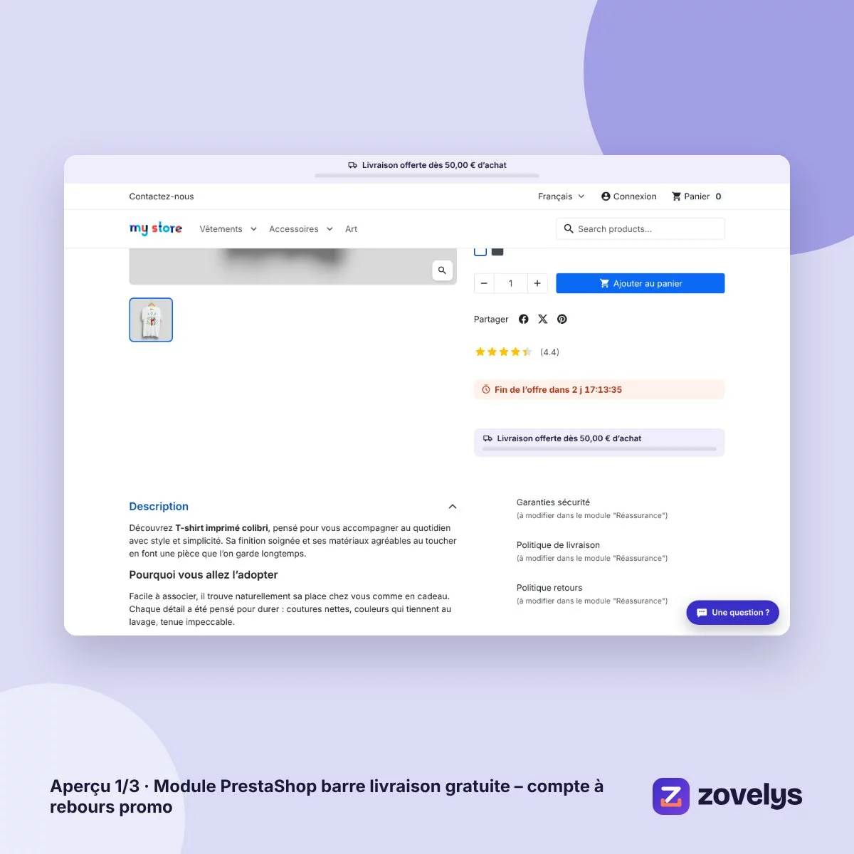 Module PrestaShop barre livraison gratuite – compte à rebours promo – aperçu 1