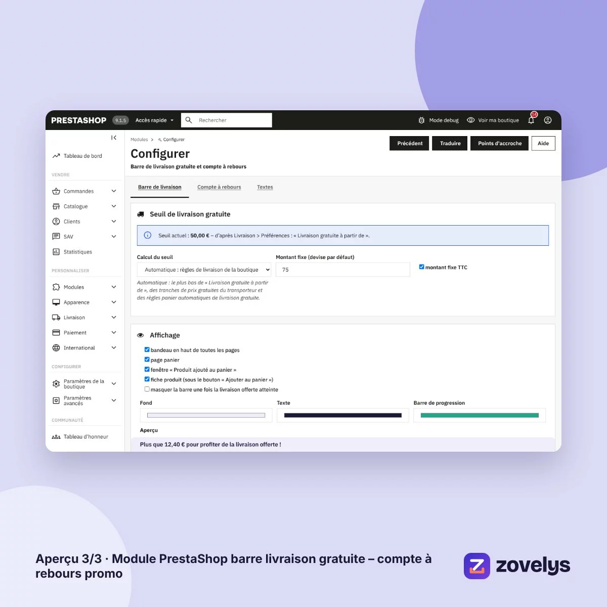 Module PrestaShop barre livraison gratuite – compte à rebours promo – aperçu 3