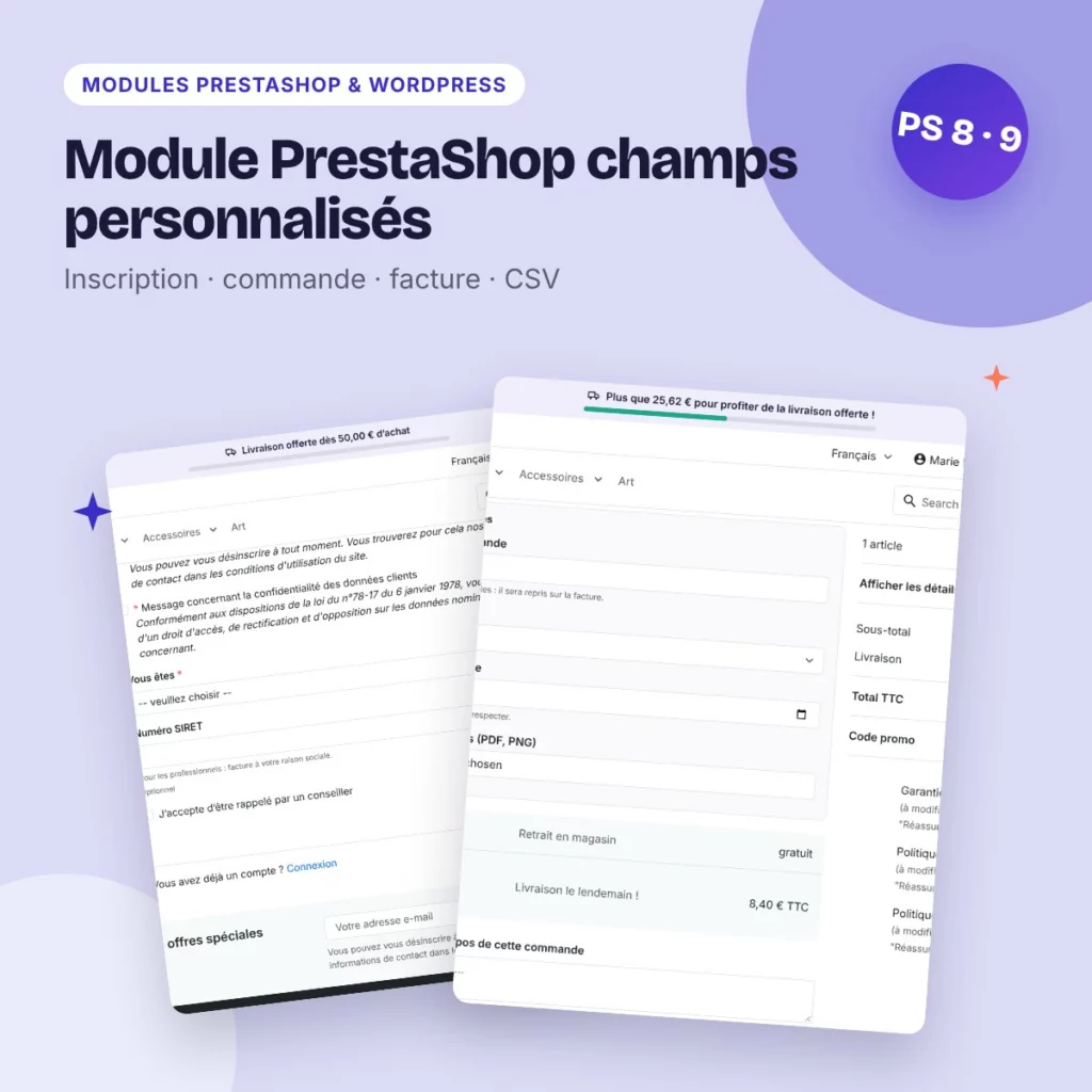 Module PrestaShop champs personnalisés – inscription et commande