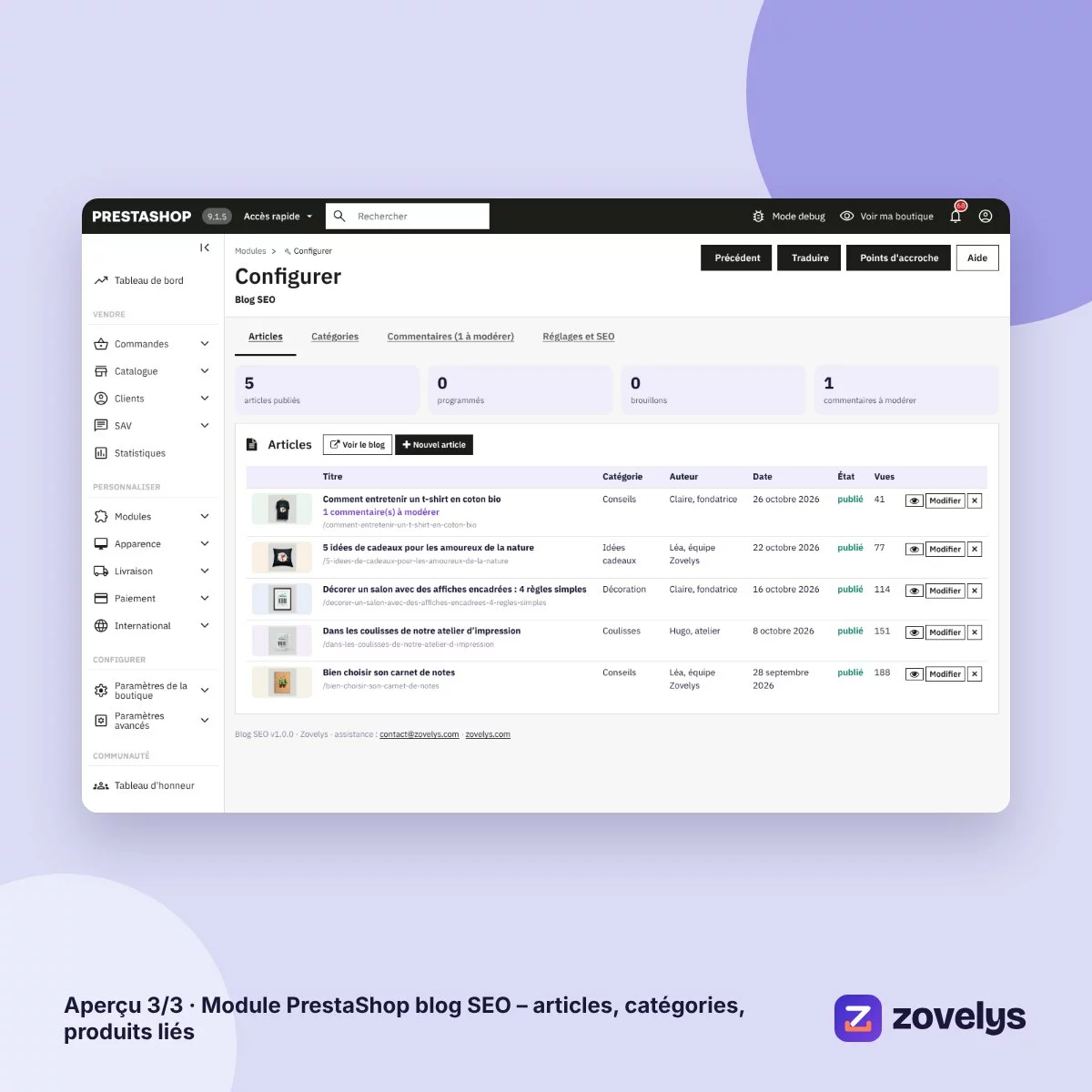 Module PrestaShop blog SEO – articles, catégories, produits liés – aperçu 3