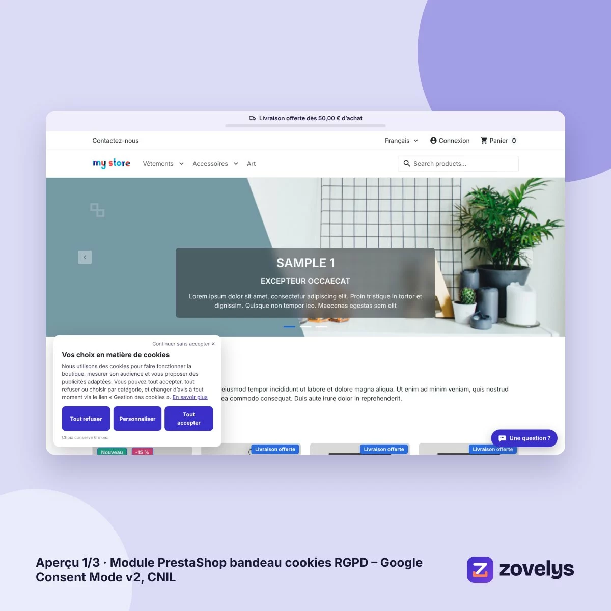 Module PrestaShop bandeau cookies RGPD – Google Consent Mode v2, CNIL – aperçu 1
