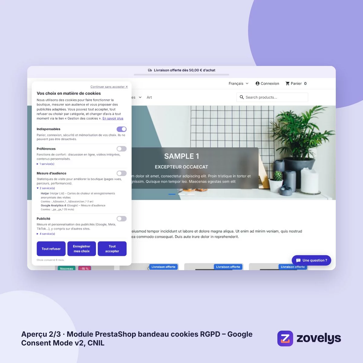 Module PrestaShop bandeau cookies RGPD – Google Consent Mode v2, CNIL – aperçu 2