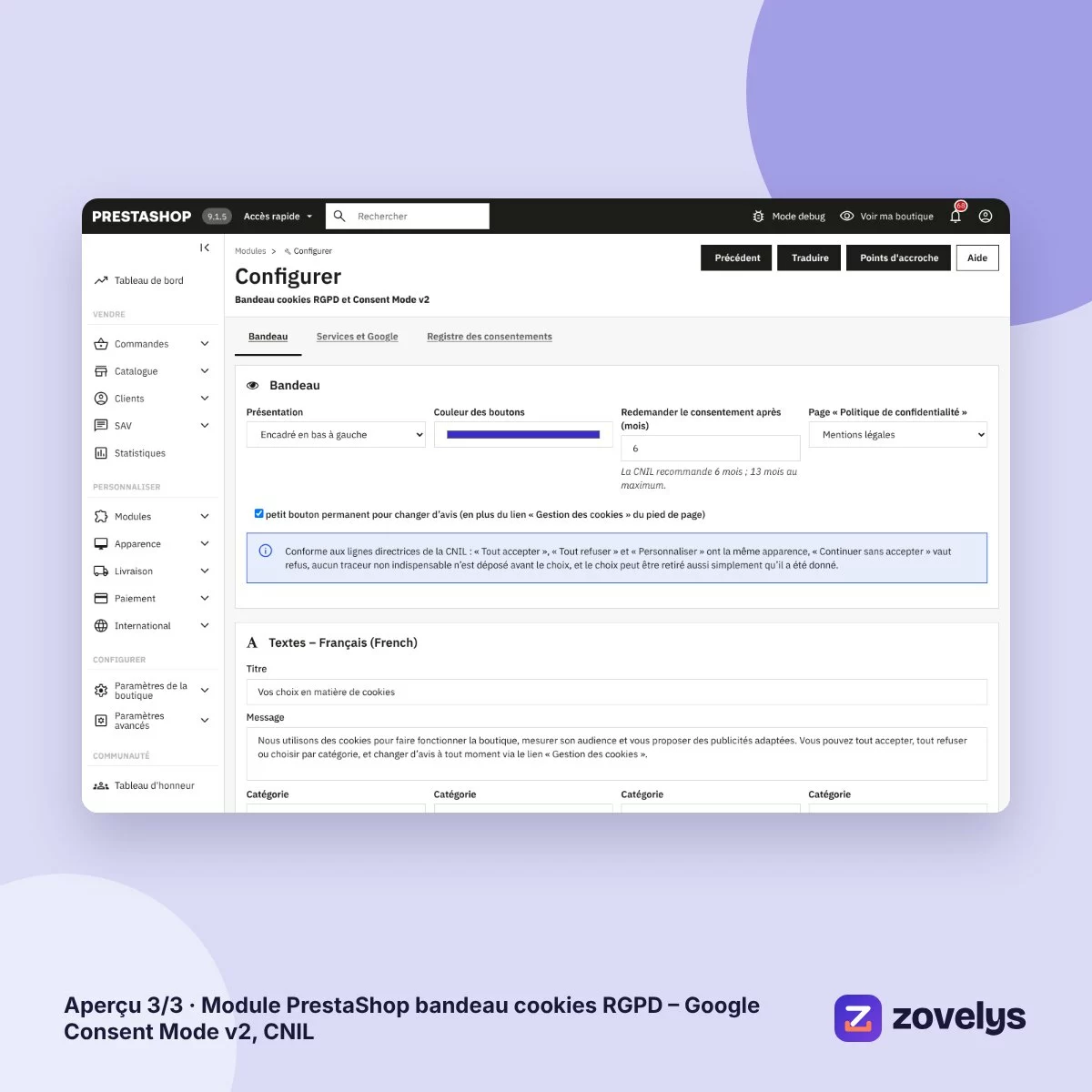 Module PrestaShop bandeau cookies RGPD – Google Consent Mode v2, CNIL – aperçu 3