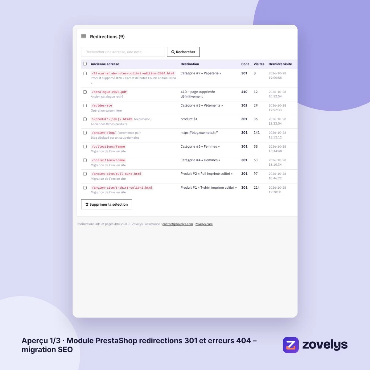 Module PrestaShop redirections 301 et erreurs 404 – migration SEO – aperçu 1