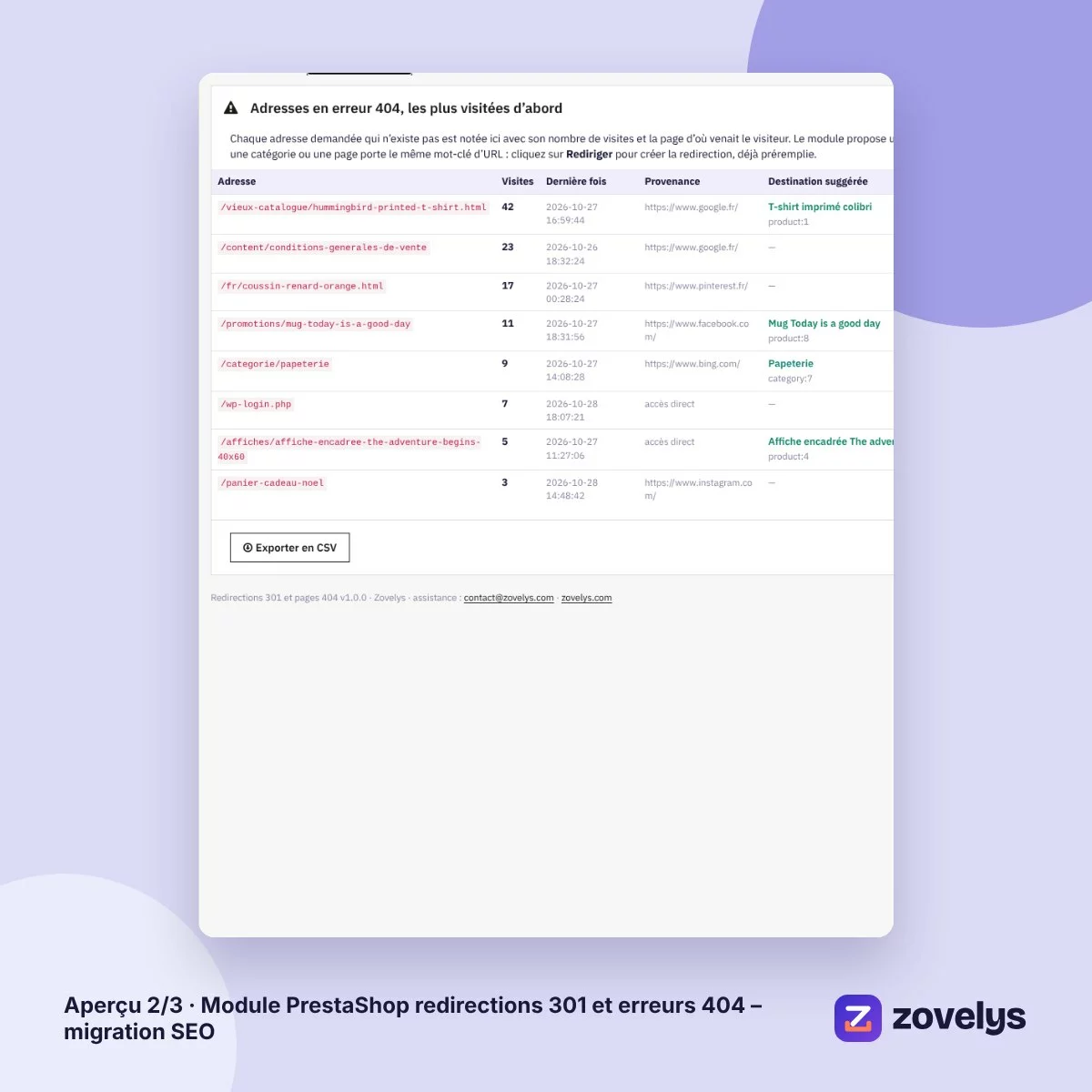 Module PrestaShop redirections 301 et erreurs 404 – migration SEO – aperçu 2