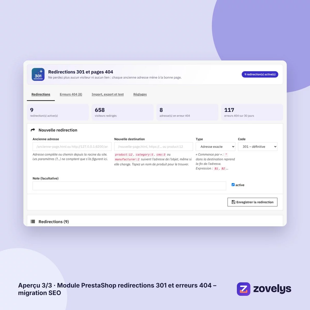 Module PrestaShop redirections 301 et erreurs 404 – migration SEO – aperçu 3