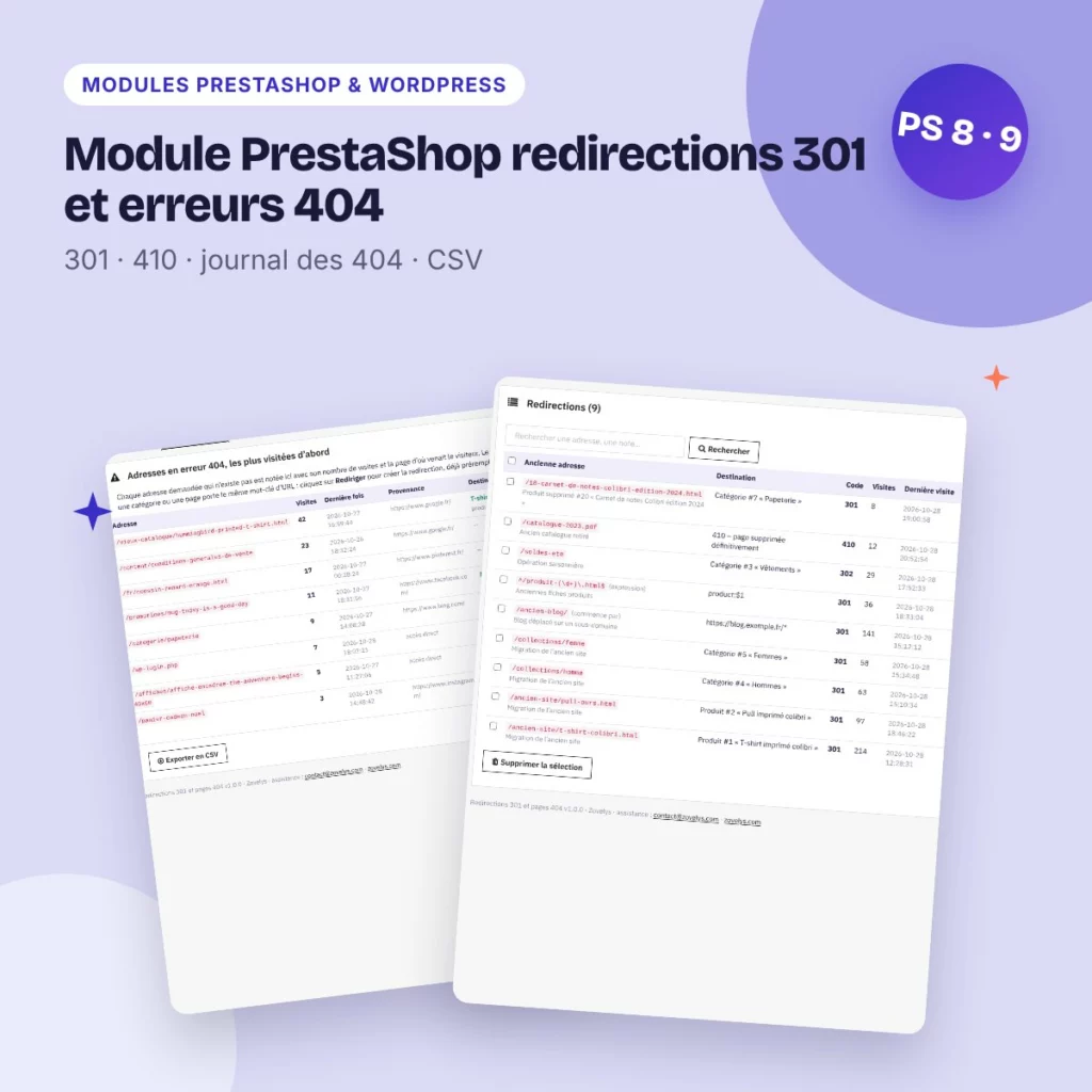 Module PrestaShop redirections 301 et erreurs 404 – migration SEO