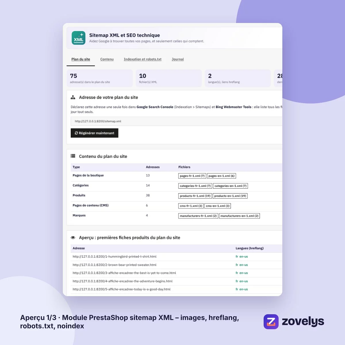 Module PrestaShop sitemap XML – images, hreflang, robots.txt, noindex – aperçu 1
