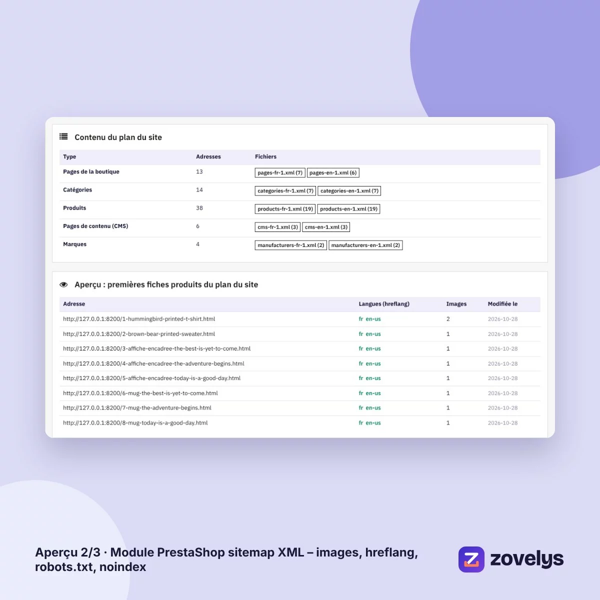 Module PrestaShop sitemap XML – images, hreflang, robots.txt, noindex – aperçu 2