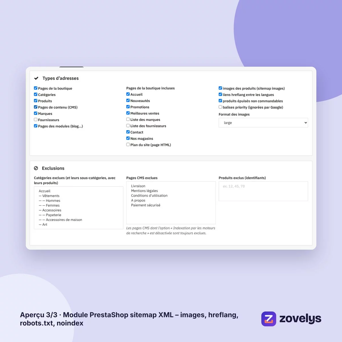 Module PrestaShop sitemap XML – images, hreflang, robots.txt, noindex – aperçu 3