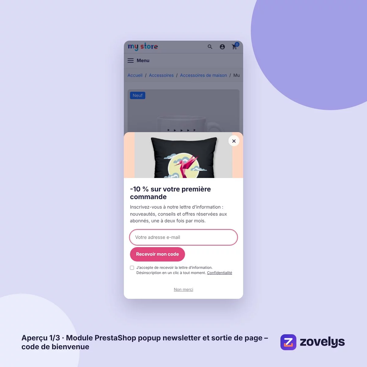 Module PrestaShop popup newsletter et sortie de page – code de bienvenue – aperçu 1