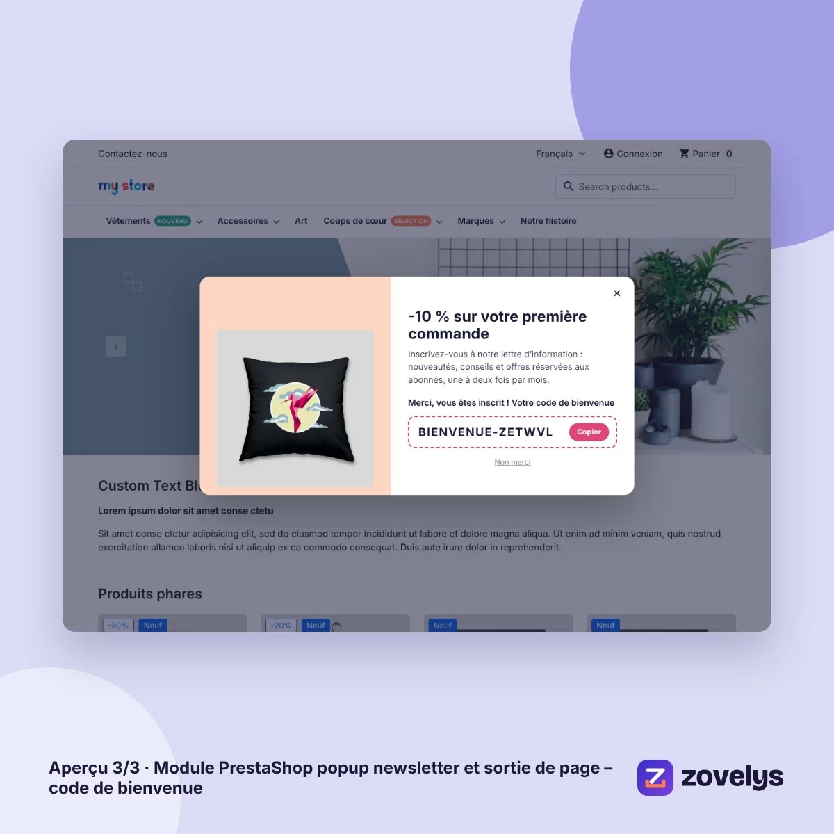 Module PrestaShop popup newsletter et sortie de page – code de bienvenue – aperçu 3