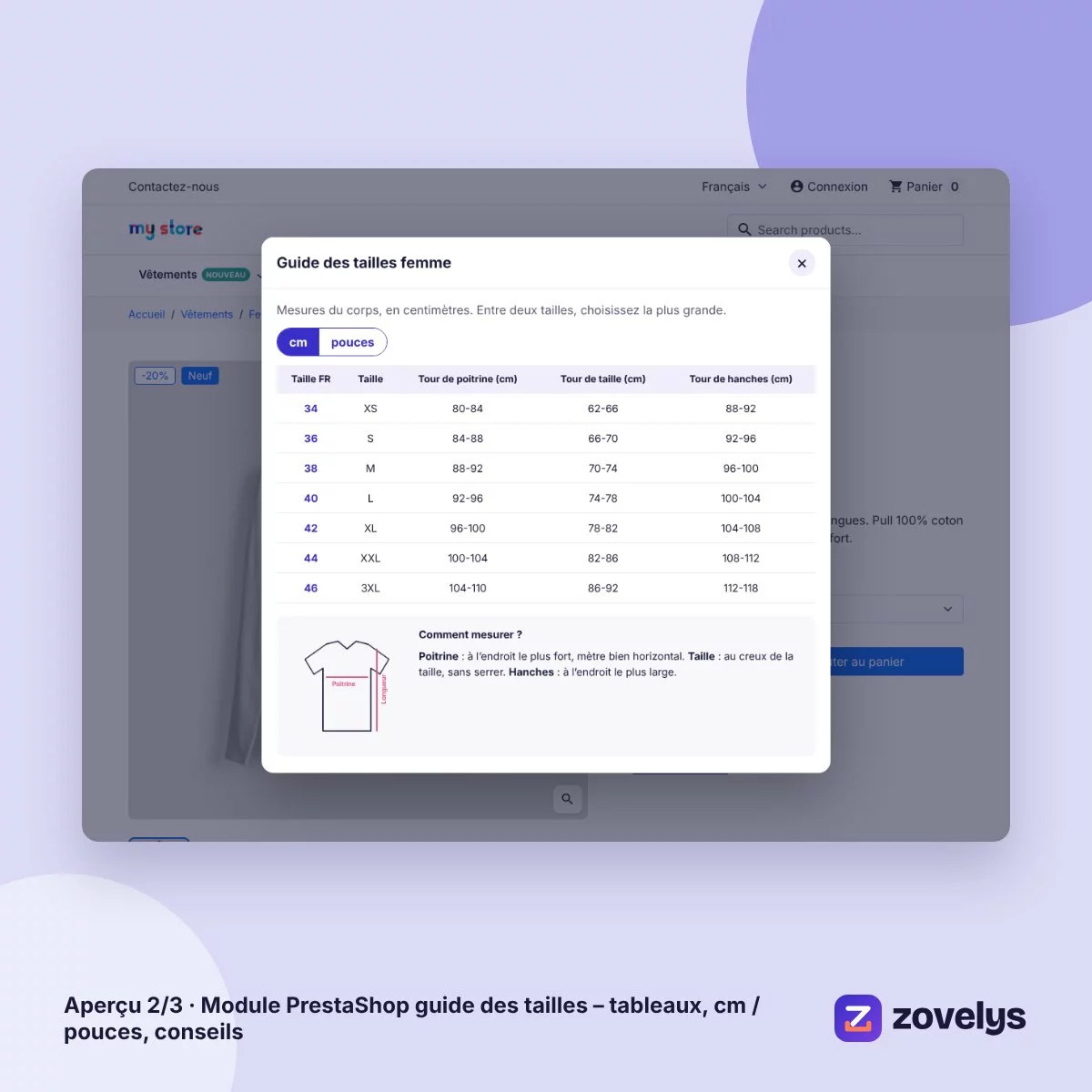 Module PrestaShop guide des tailles – tableaux, cm / pouces, conseils – aperçu 2
