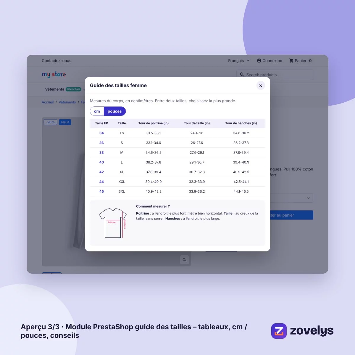 Module PrestaShop guide des tailles – tableaux, cm / pouces, conseils – aperçu 3