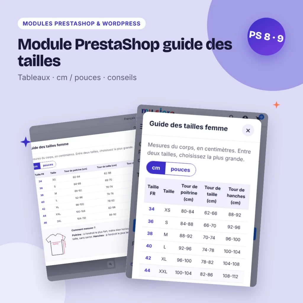 Module PrestaShop guide des tailles – tableaux, cm / pouces, conseils