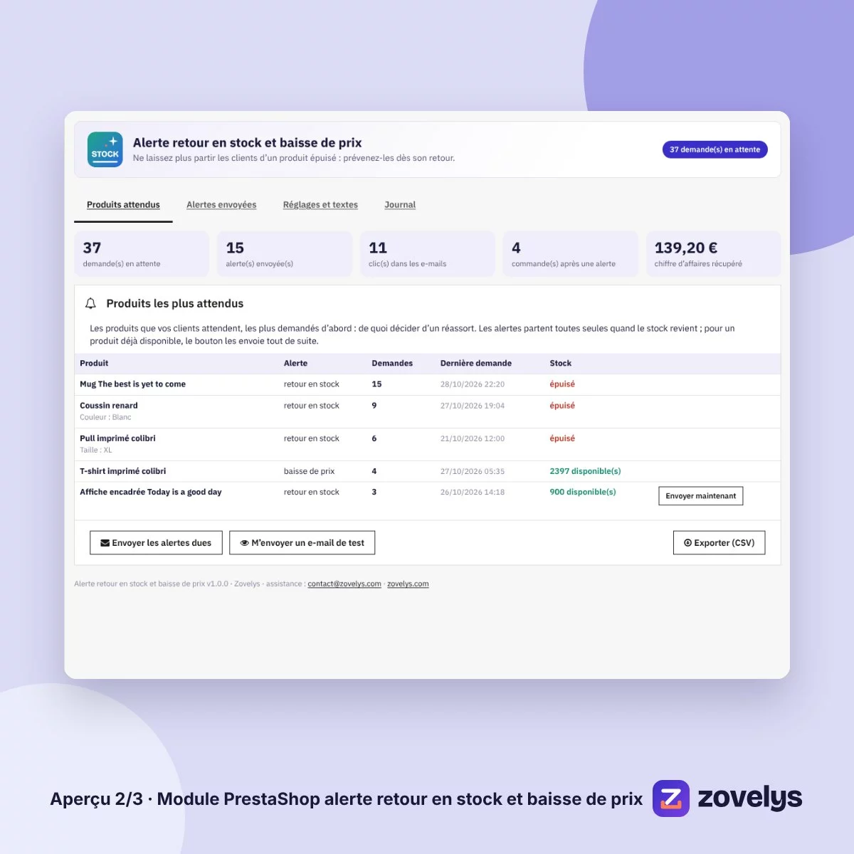 Module PrestaShop alerte retour en stock et baisse de prix – aperçu 2